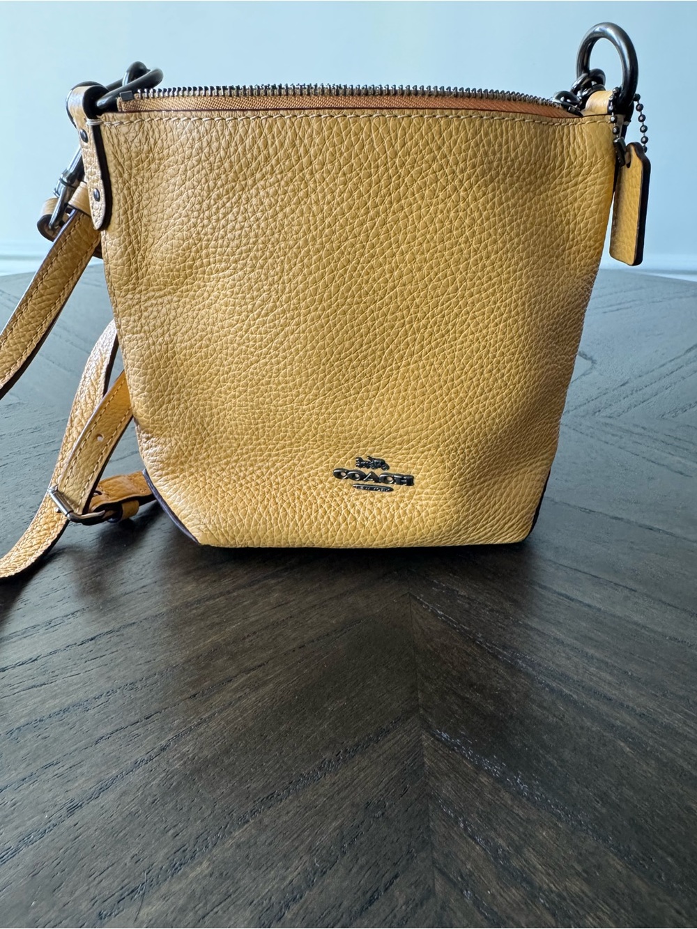 Coach Pebbled Leather Crossbody Bucket Bag in Mustard Yellow